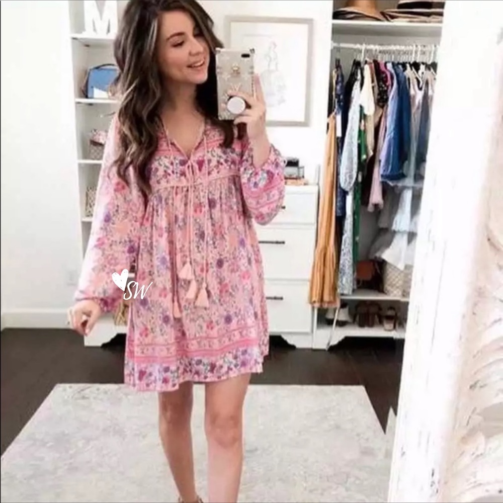 Babydoll Boho Floral Gypsy Print Dress Pink - Picture 2 of 12